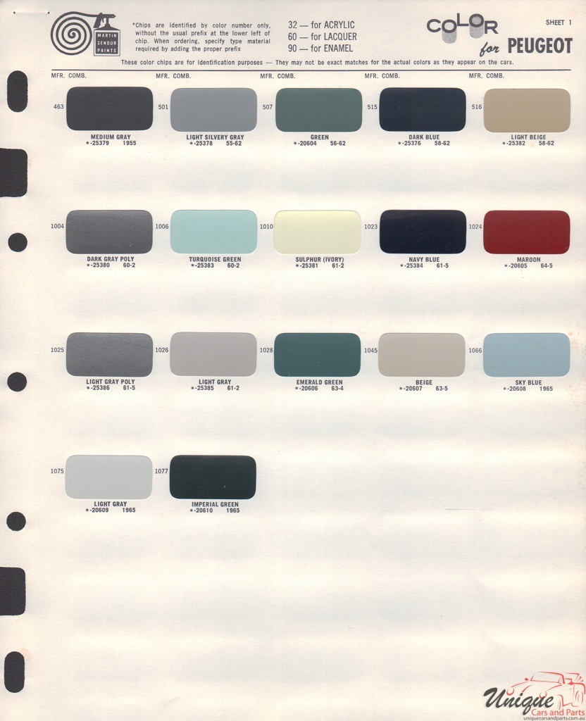 1958 Peugeot Paint Charts Martin-Senour